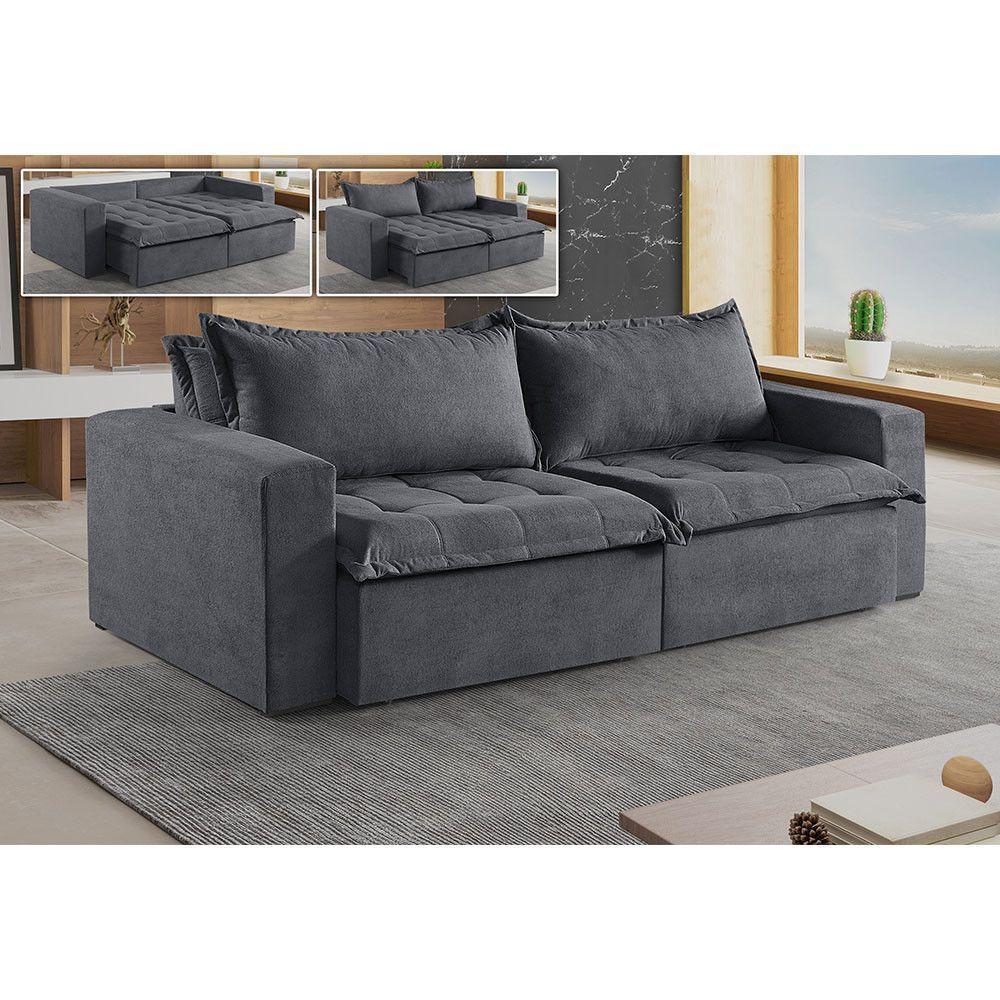 Sofá Cama 3 Lugares Retrátil Reclinável M-184 Veludo Martins Grafite - 2