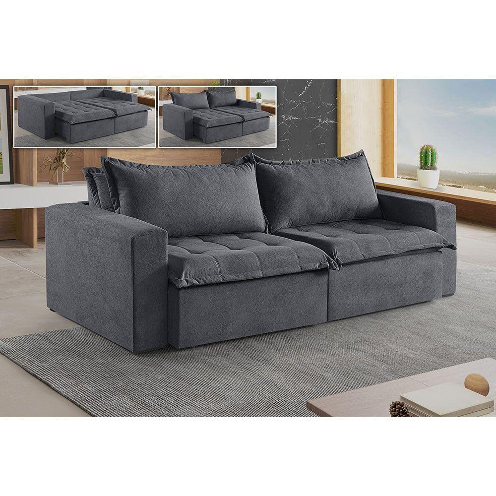 Sofá Cama 4 Lugares Retrátil Reclinável M-184 Veludo Martins Grafite - 2