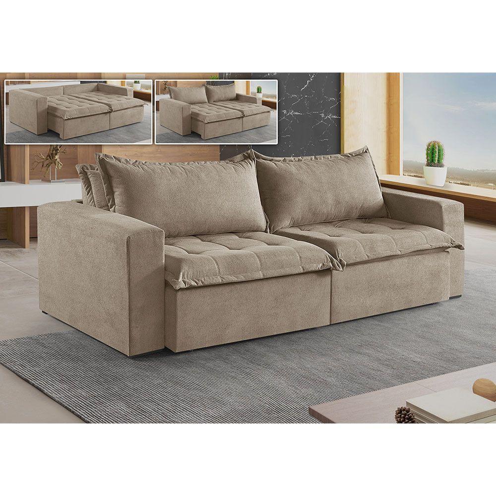 Sofá Cama 3 Lugares Retrátil Reclinável M-184 Veludo Martins Bege - 4