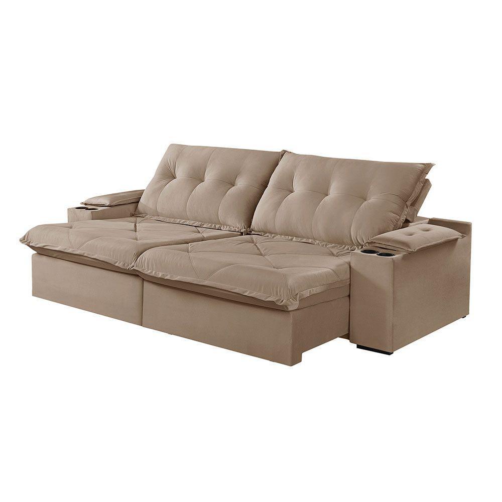 Sofá 3 Lugares Retrátil Martins M-163 Com Acessórios Veludo Bege - 1