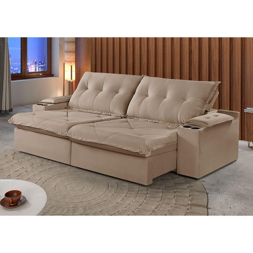 Sofá 3 Lugares Retrátil Martins M-163 Com Acessórios Veludo Bege - 2