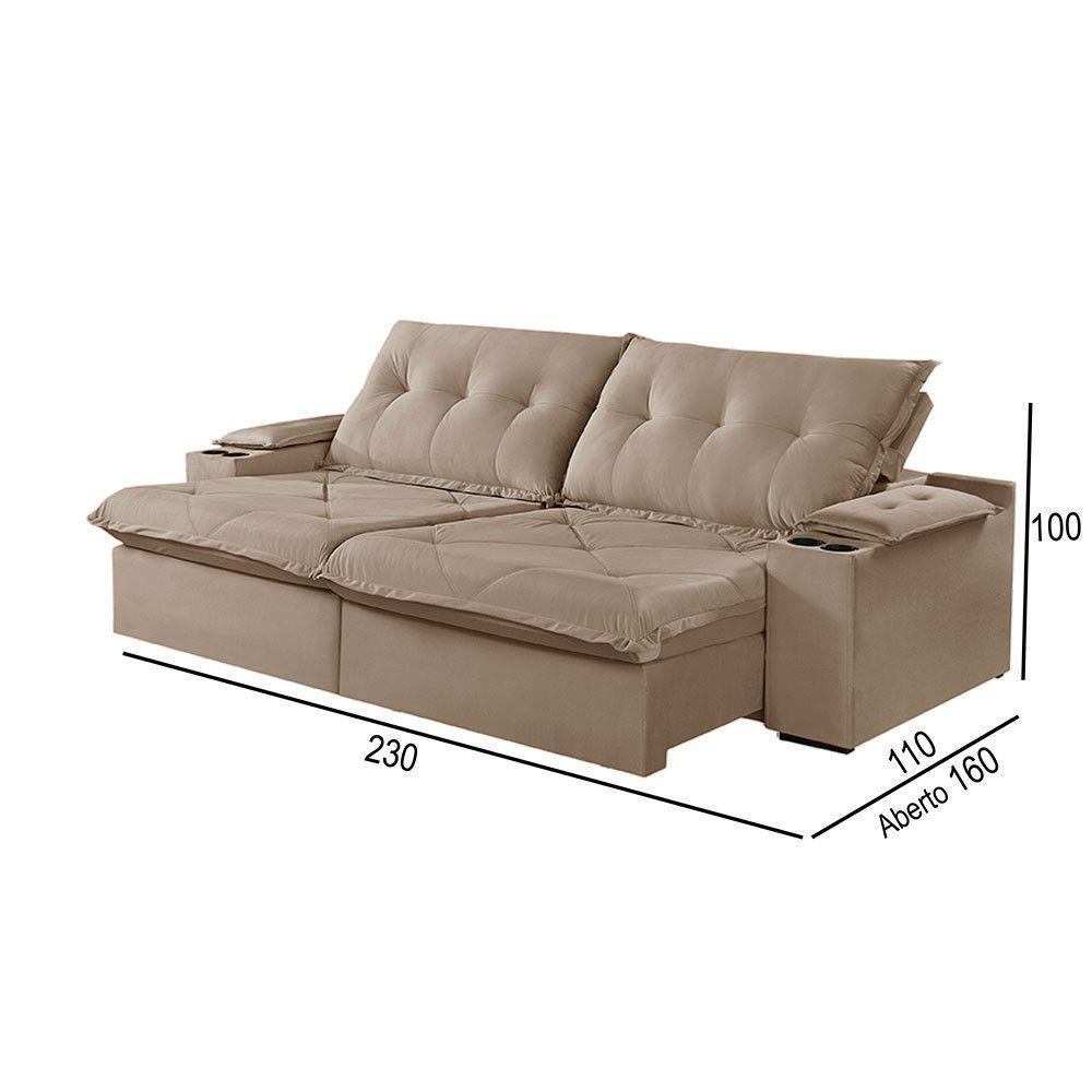 Sofá 3 Lugares Retrátil Martins M-163 Com Acessórios Veludo Bege - 3