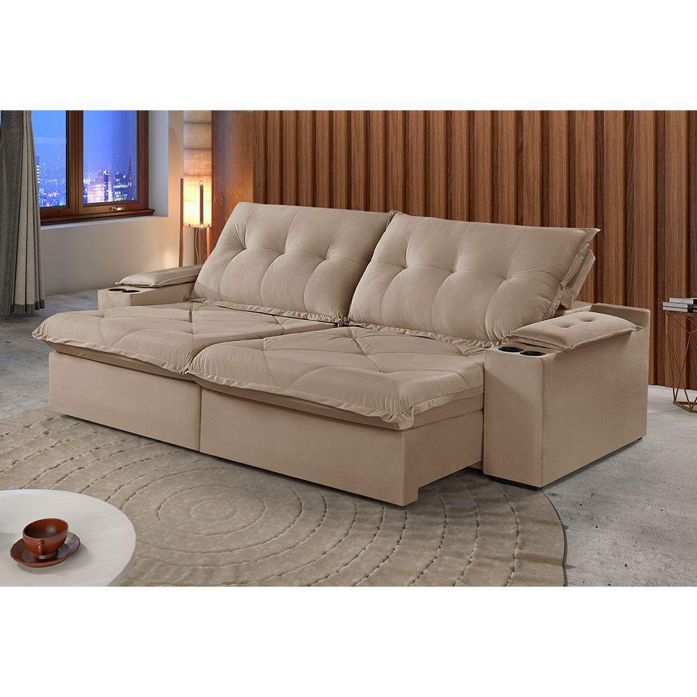 Sofá 4 Lugares Retrátil Martins M-163 Com Acessórios Veludo Bege - 2