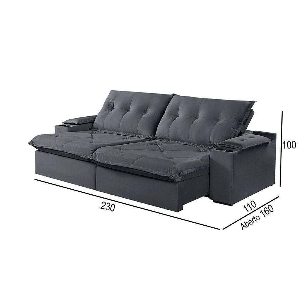 Sofá 3 Lugares Retrátil Martins M-163 Com Acessórios Veludo Grafite - 2