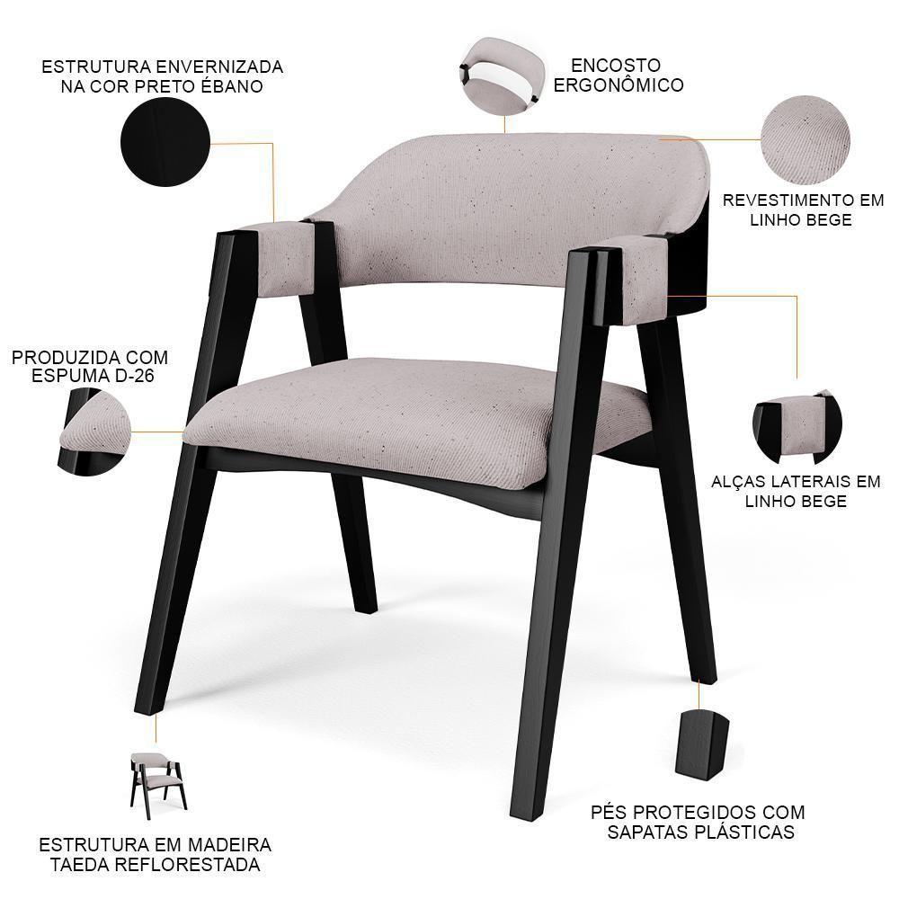 Cadeira Para Sala De Jantar Estar Living Estofada Suran L02 Preto Linho Bege - Lyam Decor - 7