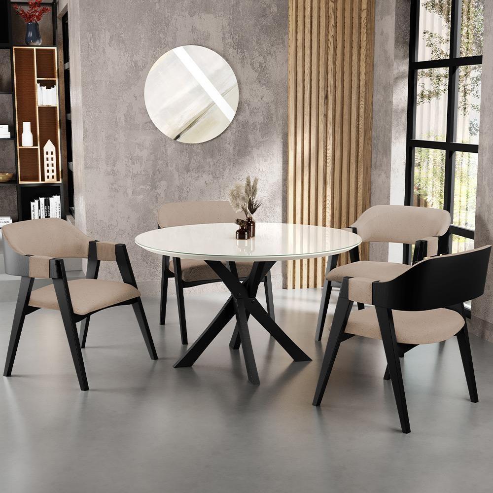 Cadeira Para Sala De Jantar Estar Living Estofada Suran L02 Preto Linho Bege Escuro - Lyam Decor - 6