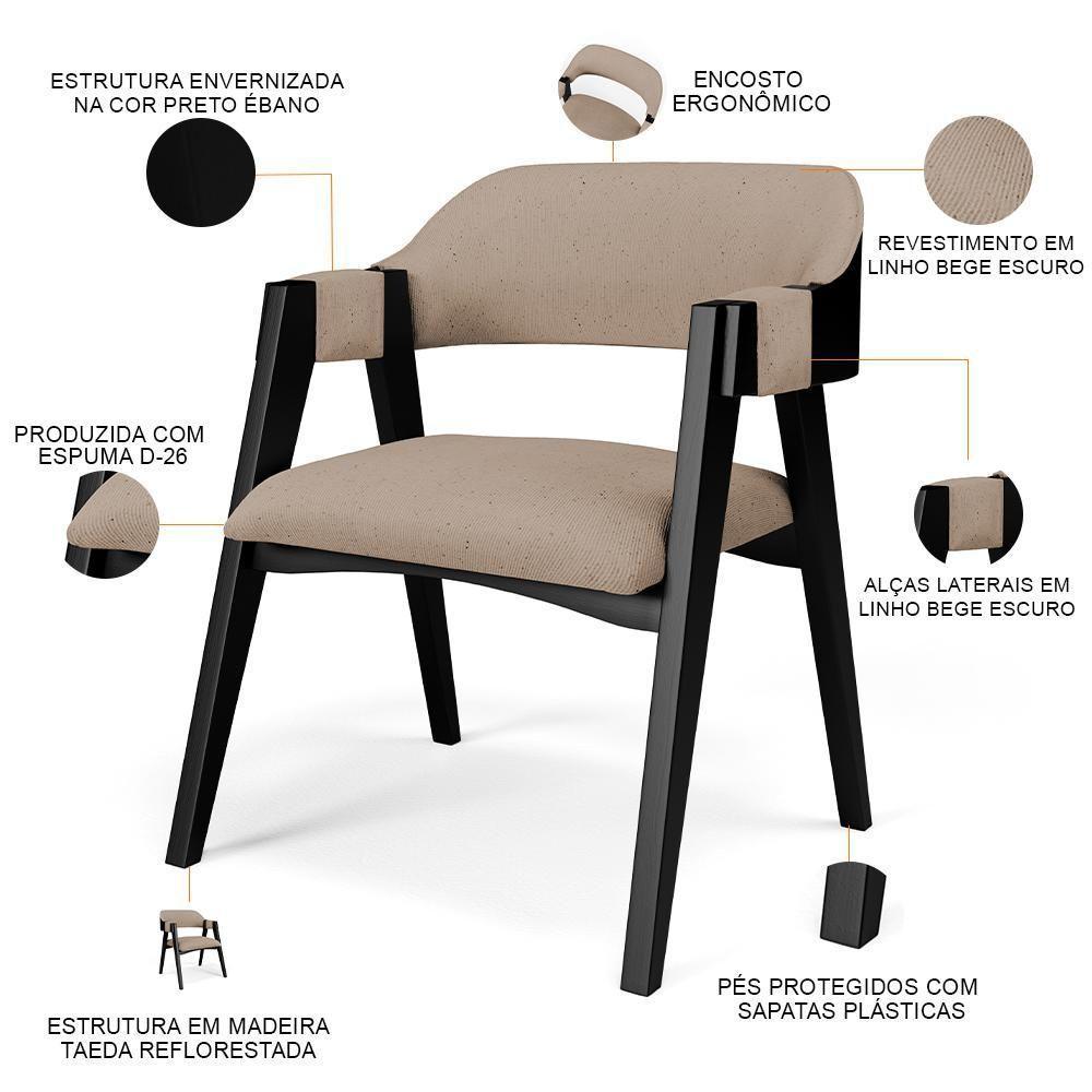 Kit 2 Cadeiras Sala De Jantar Estar Living Estofada Suran L02 Preto Linho Bege Escuro - Lyam Decor - 6