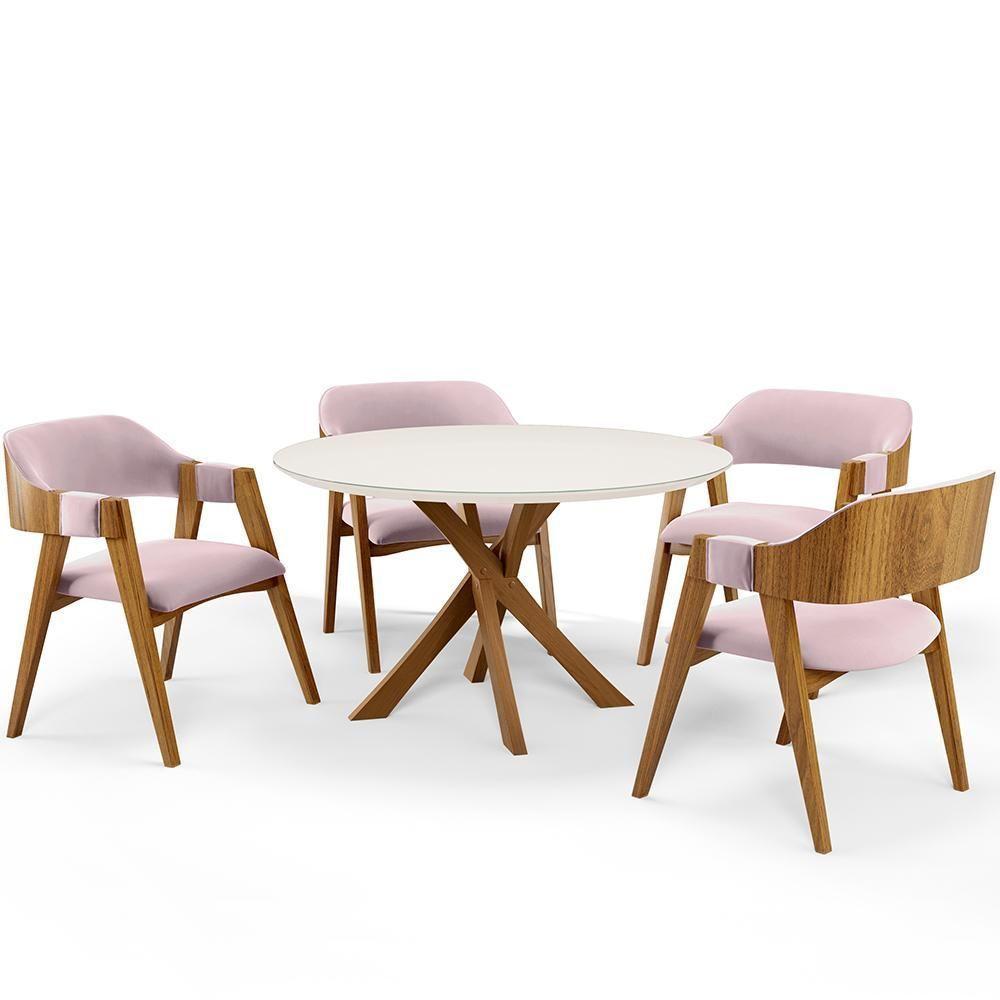 Mesa De Jantar Redonda Cora 120cm Off White M04 Com 04 Cadeiras Living Suran Suede Rosê - Lyam - 1