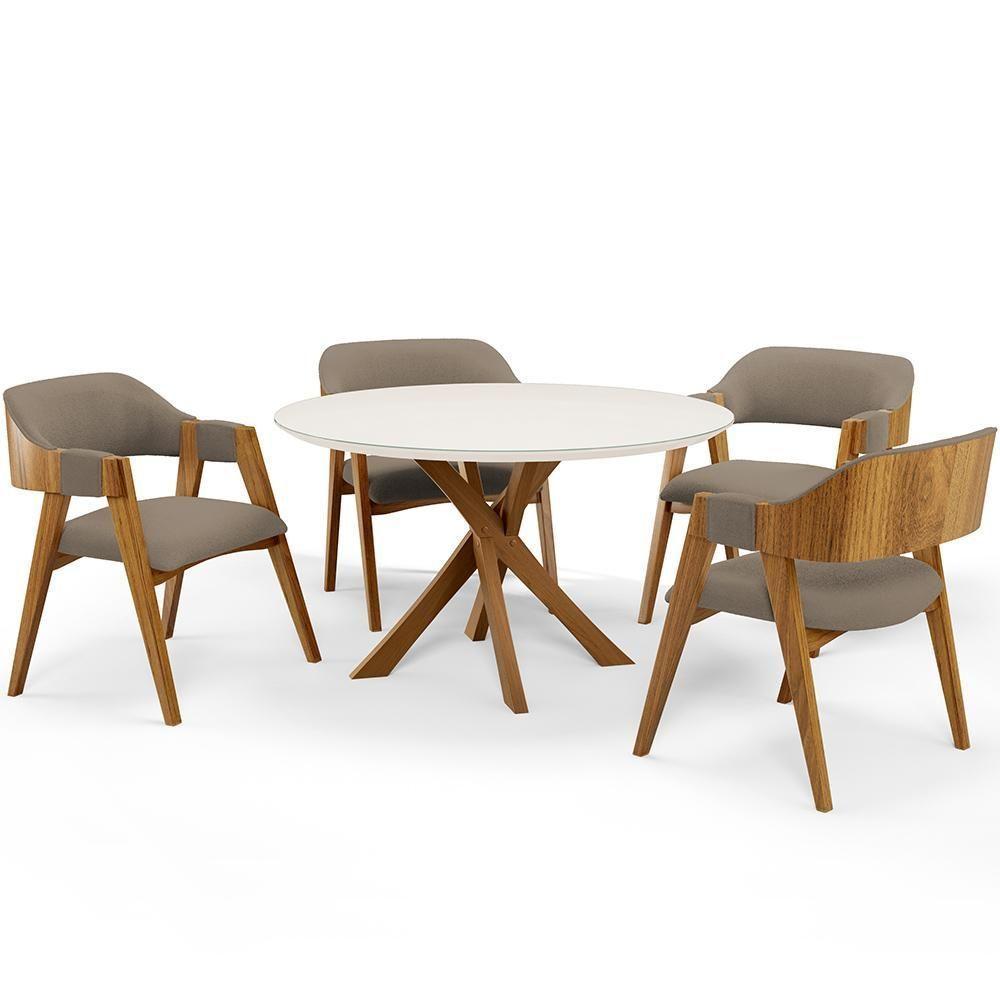 Mesa De Jantar Redonda Cora 120cm Off White M04 Com 04 Cadeiras Living Suran Bouclê Bege - Lyam - 1