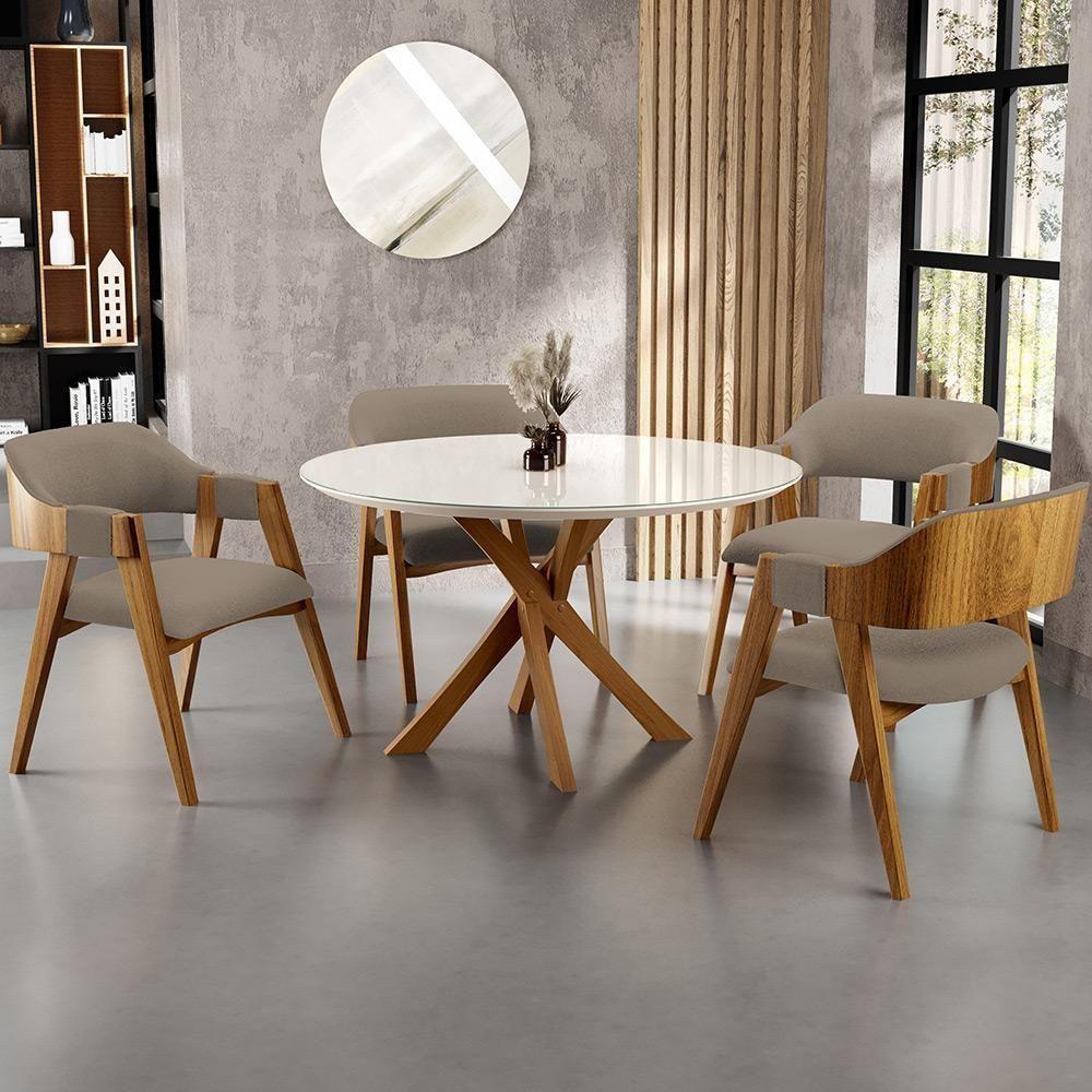 Mesa De Jantar Redonda Cora 120cm Off White M04 Com 04 Cadeiras Living Suran Bouclê Bege - Lyam - 9