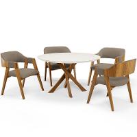 Mesa De Jantar Redonda Cora 120cm Off White M04 Com 04 Cadeiras Living Suran Bouclê Bege - Lyam - 1