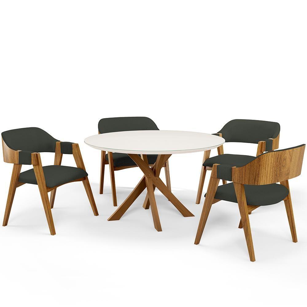 Mesa De Jantar Redonda Cora 120cm Off White M04 Com 04 Cadeiras Living Suran Linho Verde Musgo - Lyam - 1