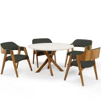 Mesa De Jantar Redonda Cora 120cm Off White M04 Com 04 Cadeiras Living Suran Linho Verde Musgo - Lyam - 1