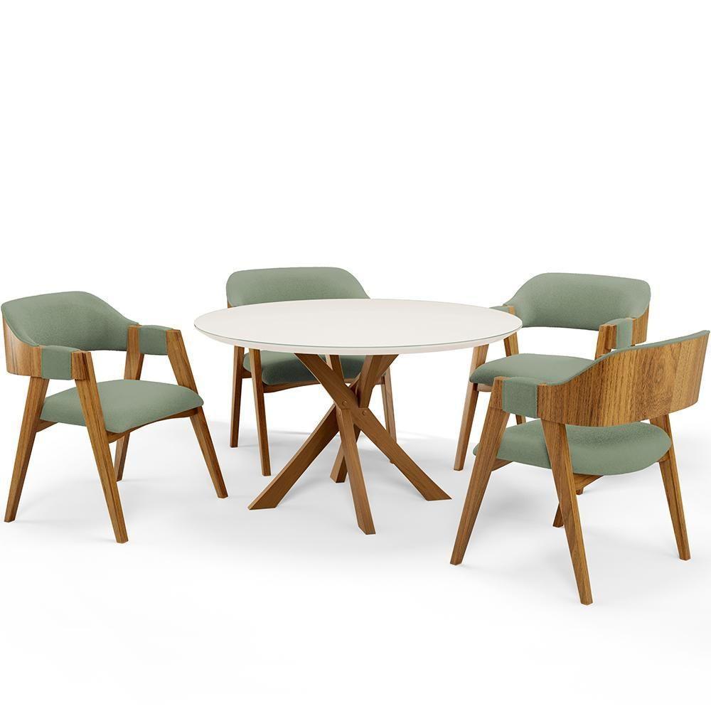 Mesa De Jantar Redonda Cora 120cm Off White M04 Com 04 Cadeiras Living Suran Bouclê Oliva - Lyam - 1