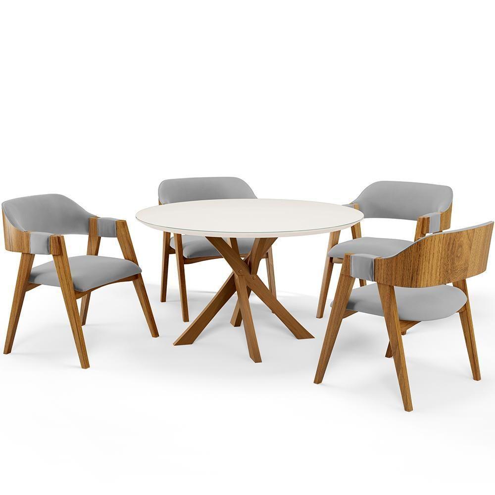 Mesa De Jantar Redonda Cora 120cm Off White M04 Com 04 Cadeiras Living Suran Suede Cinza - Lyam - 1