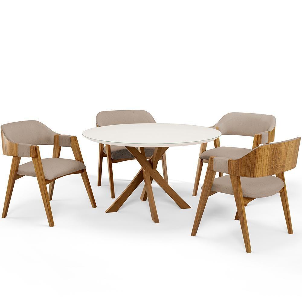 Mesa De Jantar Redonda Cora 120cm Off White M04 Com 04 Cadeiras Living Suran Linho Bege Escuro - Lyam - 1