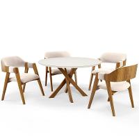 Mesa De Jantar Redonda Cora 120cm Off White M04 Com 04 Cadeiras Living Suran Suede Bege - Lyam - 1