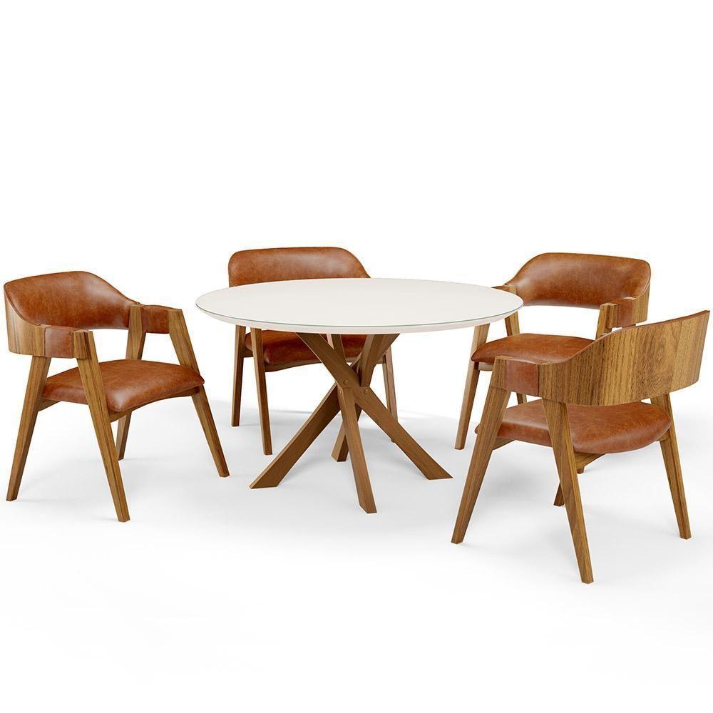 Mesa De Jantar Redonda Cora 120cm Off White M04 Com 04 Cadeiras Living Suran Couríssimo Camel - Lyam - 1