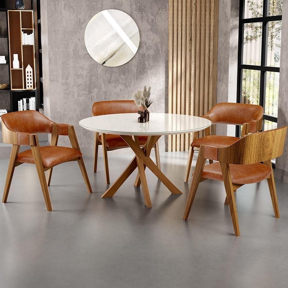 Mesa De Jantar Redonda Cora 120cm Off White M04 Com 04 Cadeiras Living Suran Couríssimo Camel - Lyam - 9