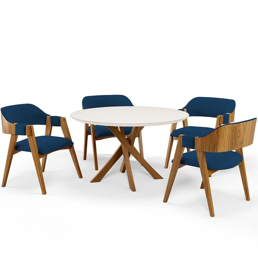 Mesa De Jantar Redonda Cora 120cm Off White M04 Com 04 Cadeiras Living Suran Suede Azul Marinho - Lyam - 1