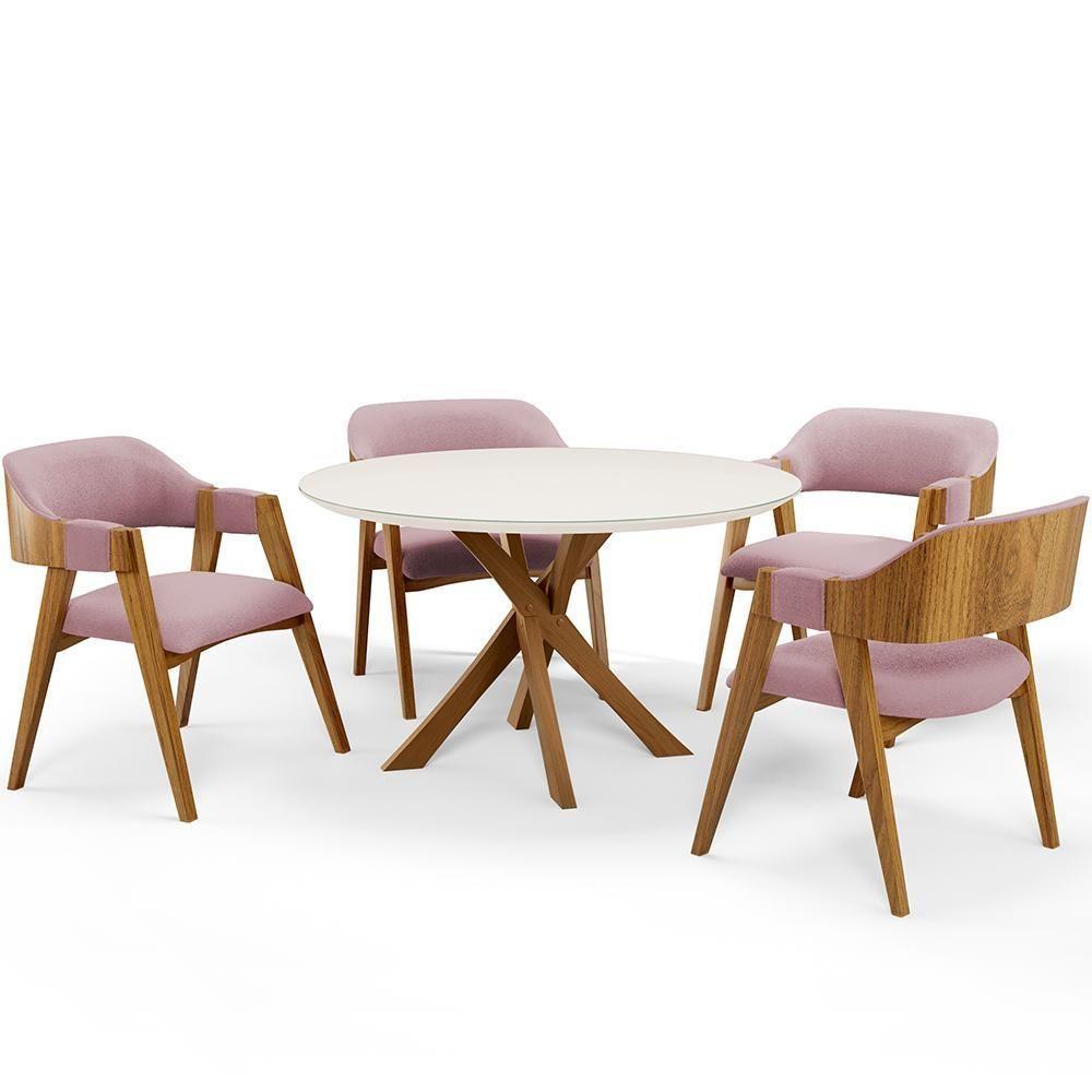 Mesa De Jantar Redonda Cora 120cm Off White M04 Com 04 Cadeiras Living Suran Bouclê Rosê - Lyam - 1