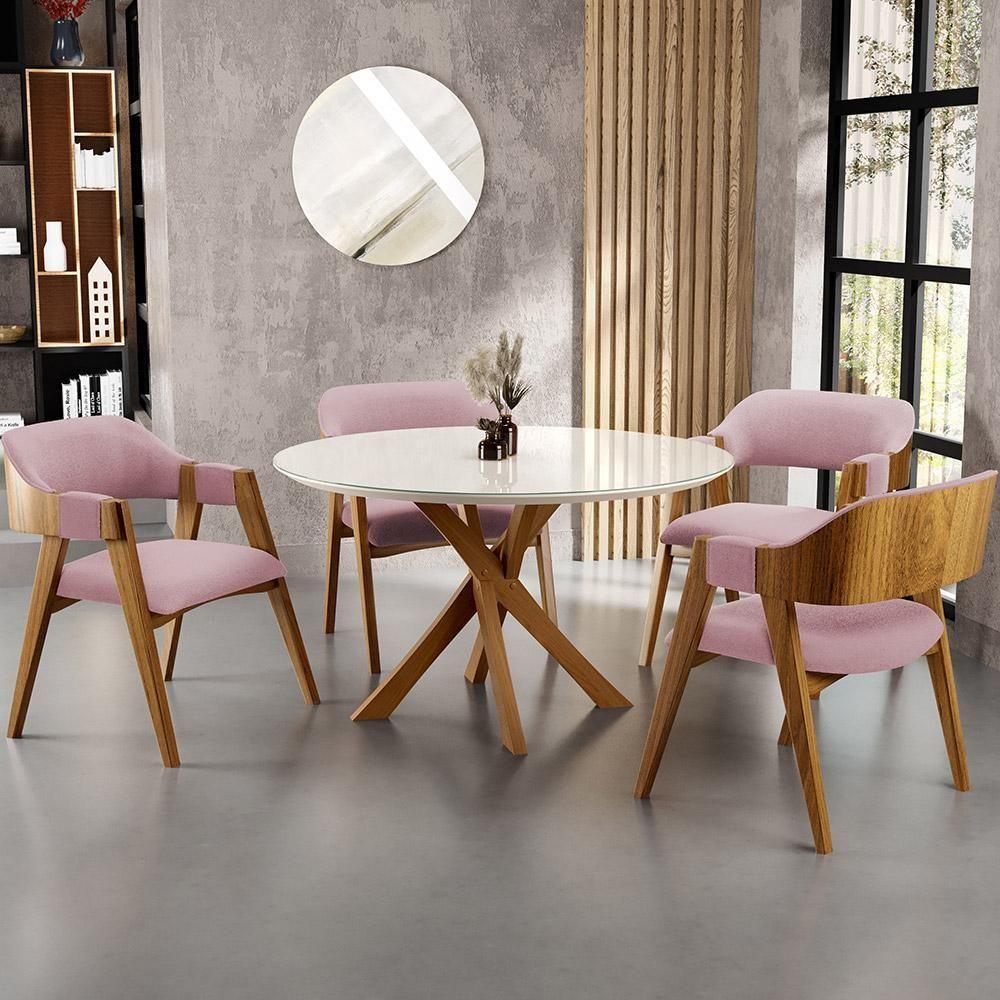Mesa De Jantar Redonda Cora 120cm Off White M04 Com 04 Cadeiras Living Suran Bouclê Rosê - Lyam - 9