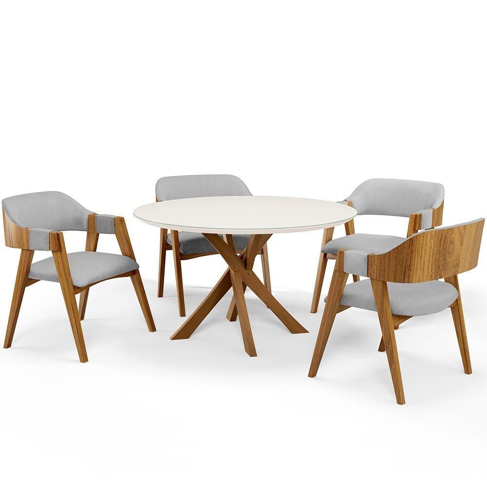 Mesa De Jantar Redonda Cora 120cm Off White M04 Com 04 Cadeiras Living Suran Linho Cinza - Lyam - 1