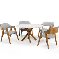 Mesa De Jantar Redonda Cora 120cm Off White M04 Com 04 Cadeiras Living Suran Linho Cinza - Lyam - 1