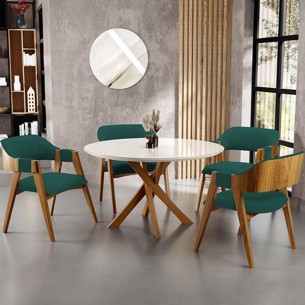 Mesa De Jantar Redonda Cora 120cm Off White M04 Com 04 Cadeiras Living Suran Bouclê Verde - Lyam - 9