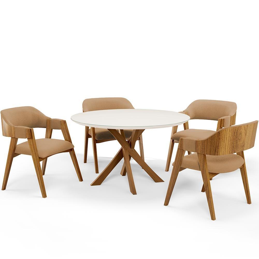 Mesa De Jantar Redonda Cora 120cm Off White M04 Com 04 Cadeiras Living Suran Bouclê Mostarda - Lyam - 1