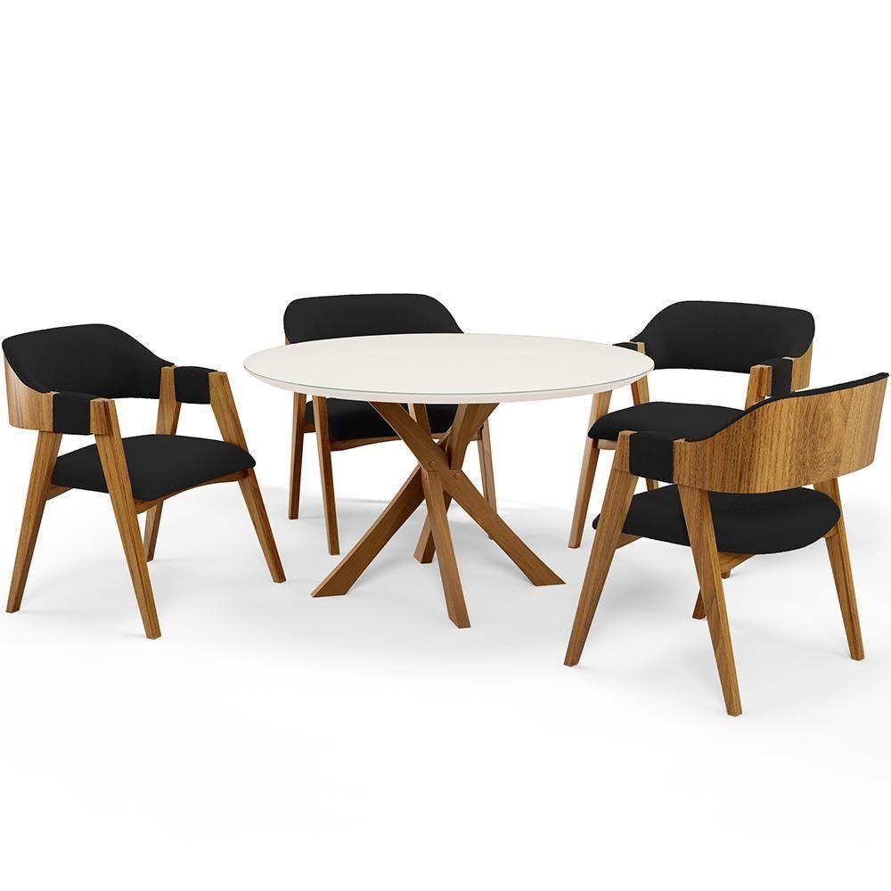 Mesa De Jantar Redonda Cora 120cm Off White M04 Com 04 Cadeiras Living Suran Bouclê Preto - Lyam - 1