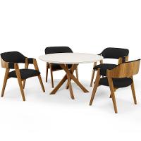 Mesa De Jantar Redonda Cora 120cm Off White M04 Com 04 Cadeiras Living Suran Bouclê Preto - Lyam - 1