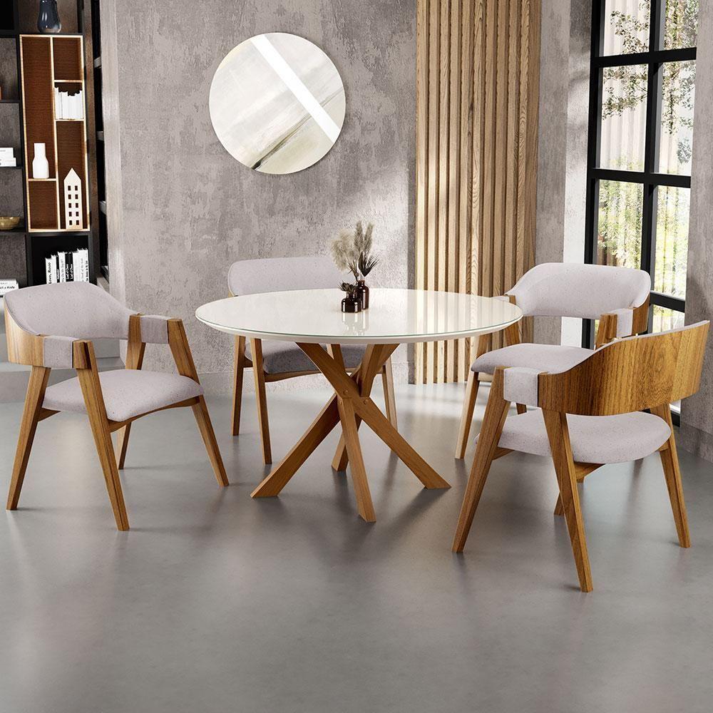 Mesa De Jantar Redonda Cora 120cm Off White M04 Com 04 Cadeiras Living Suran Linho Bege - Lyam - 9