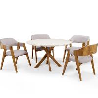 Mesa De Jantar Redonda Cora 120cm Off White M04 Com 04 Cadeiras Living Suran Linho Bege - Lyam - 1