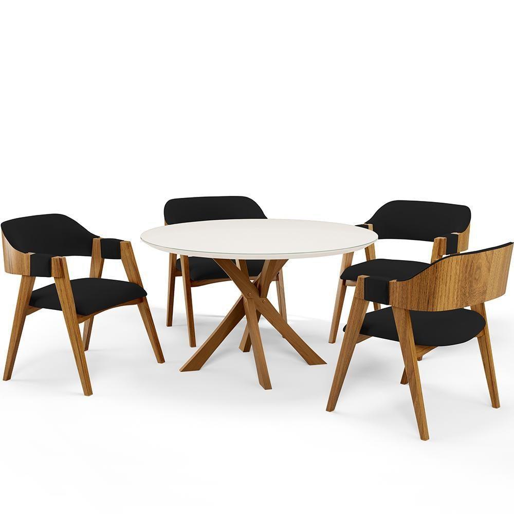 Mesa De Jantar Redonda Cora 120cm Off White M04 Com 04 Cadeiras Living Suran Suede Preto - Lyam - 1