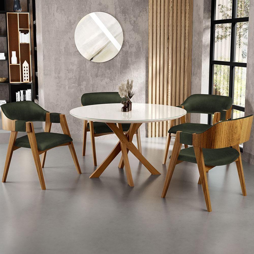 Mesa De Jantar Redonda Cora 120cm Off White M04 Com 04 Cadeiras Living Suran Couríssimo Verde Musgo - Lyam - 9