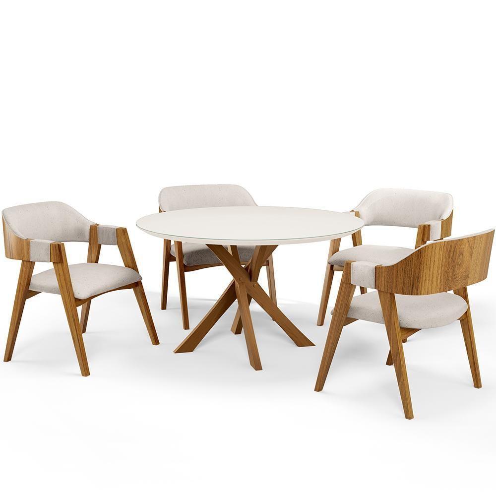 Mesa De Jantar Redonda Cora 120cm Off White M04 Com 04 Cadeiras Living Suran Linho Cru - Lyam - 1
