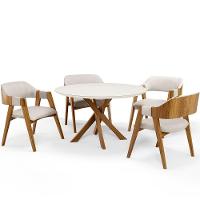 Mesa De Jantar Redonda Cora 120cm Off White M04 Com 04 Cadeiras Living Suran Linho Cru - Lyam - 1