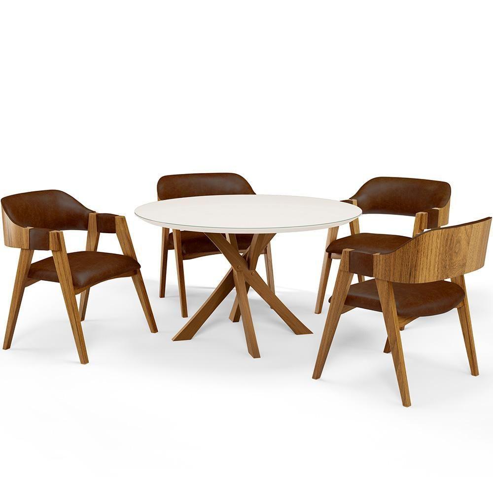Mesa De Jantar Redonda Cora 120cm Off White M04 Com 04 Cadeiras Living Suran Couríssimo Marrom - Lyam - 1