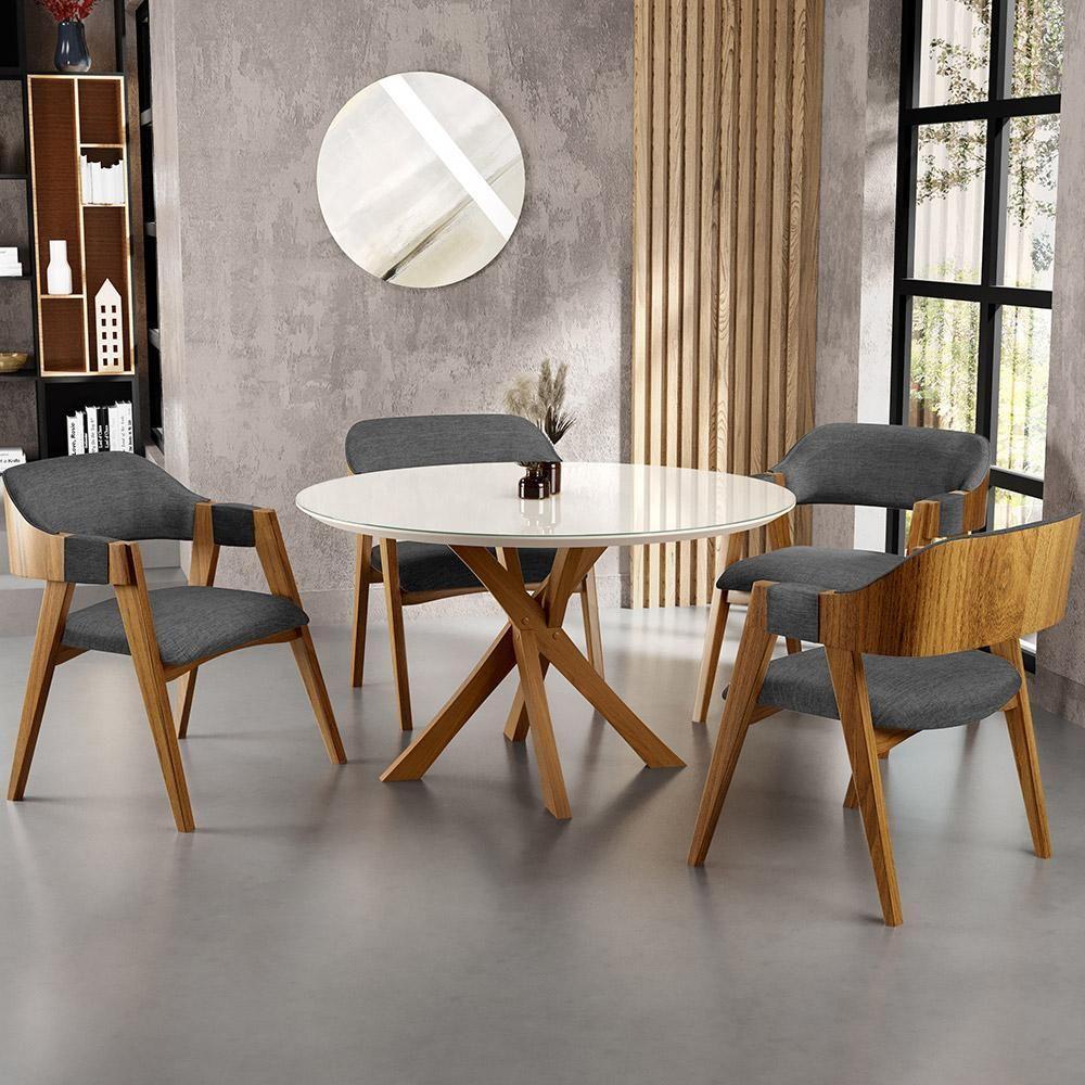Mesa De Jantar Redonda Cora 120cm Off White M04 Com 04 Cadeiras Living Suran Linho Cinza Escuro - Lyam - 5