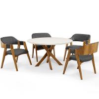 Mesa De Jantar Redonda Cora 120cm Off White M04 Com 04 Cadeiras Living Suran Linho Cinza Escuro - Lyam - 1