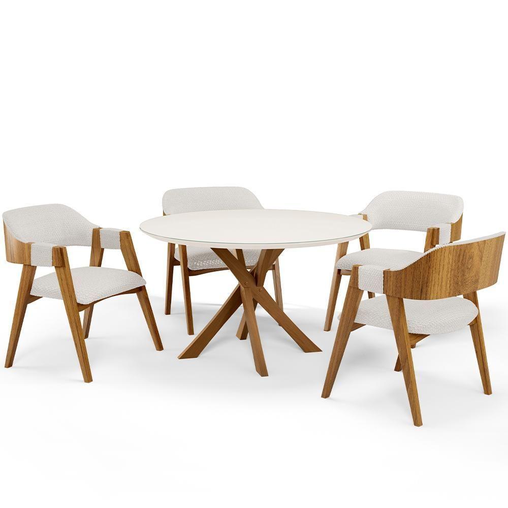 Mesa De Jantar Redonda Cora 120cm Off White M04 Com 04 Cadeiras Living Suran Bouclê Cru - Lyam - 1
