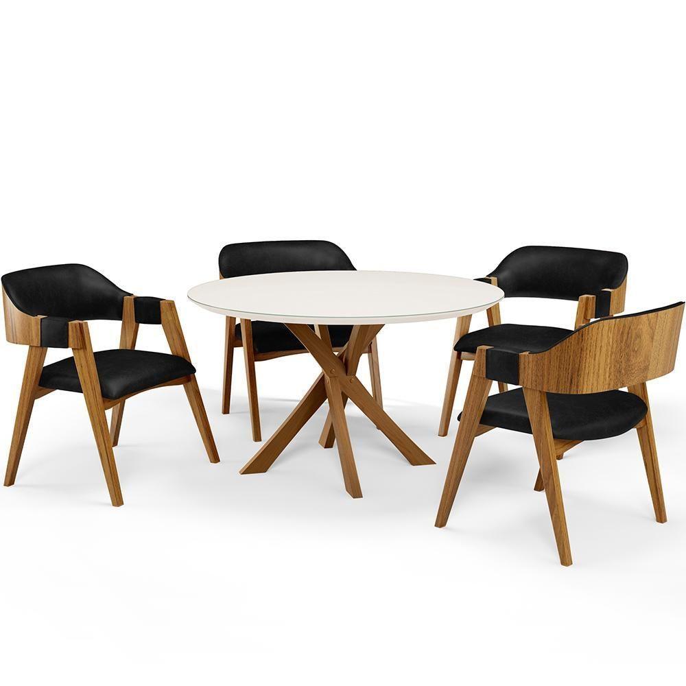 Mesa De Jantar Redonda Cora 120cm Off White M04 Com 04 Cadeiras Living Suran Couríssimo Preto - Lyam - 1
