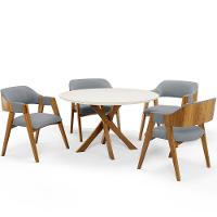 Mesa De Jantar Redonda Cora 120cm Off White M04 Com 04 Cadeiras Living Suran Bouclê Cinza - Lyam - 1