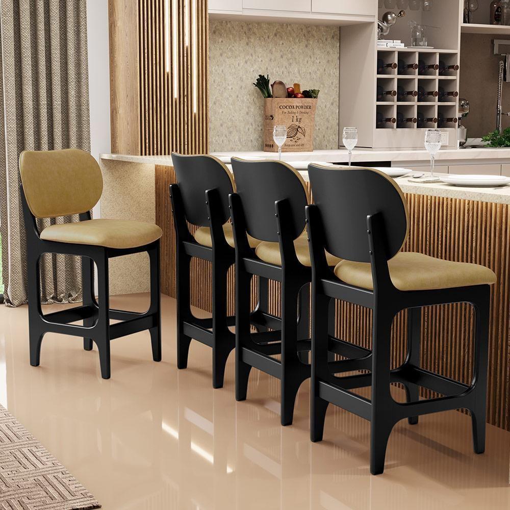Kit 04 Banquetas Baixa Bar Cozinha E Sala De Jantar Fixa Betta L02 Preto Couríssimo Casco Fendi - Lyam Decor - 6