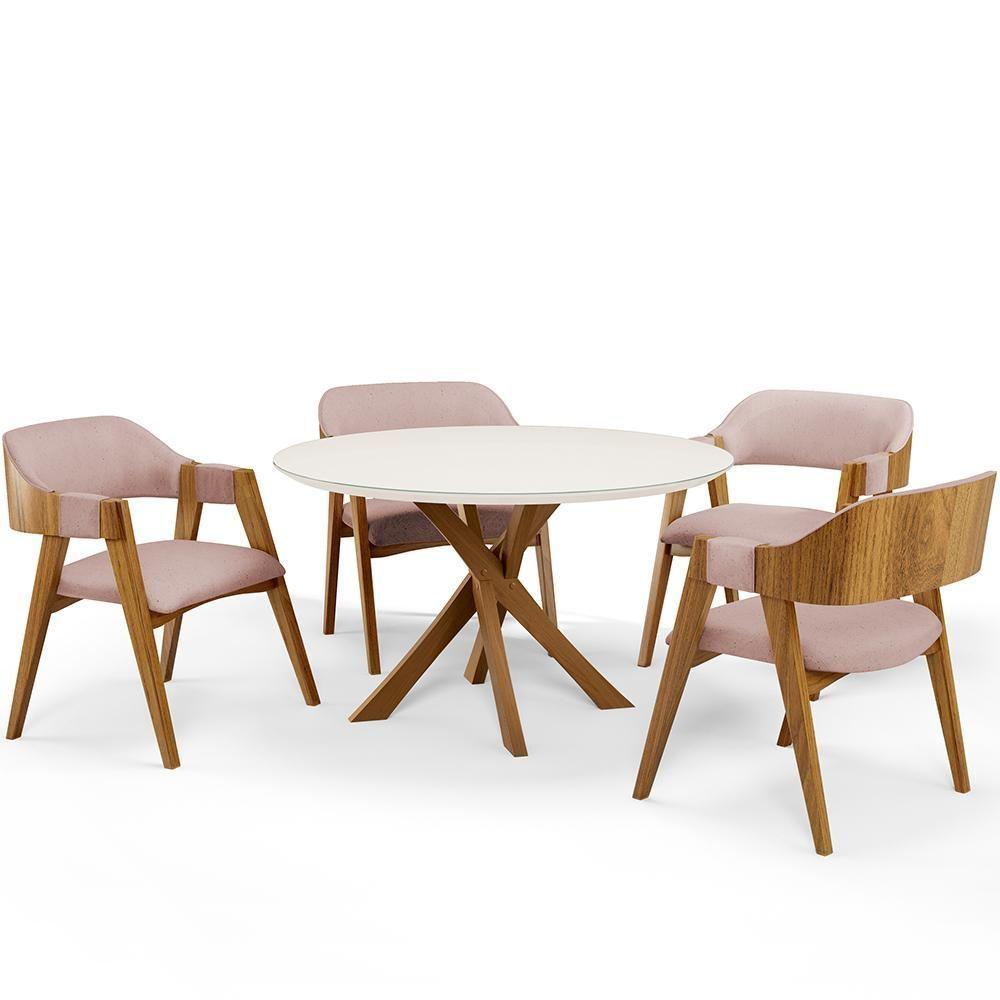 Mesa De Jantar Redonda Cora 120cm Off White M04 Com 04 Cadeiras Living Suran Linho Rosê - Lyam - 1