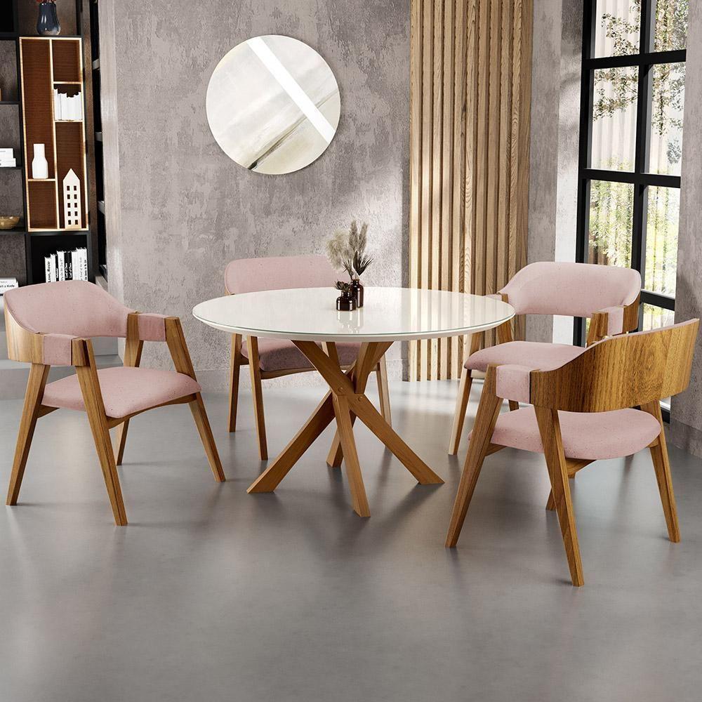Mesa De Jantar Redonda Cora 120cm Off White M04 Com 04 Cadeiras Living Suran Linho Rosê - Lyam - 9