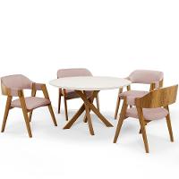 Mesa De Jantar Redonda Cora 120cm Off White M04 Com 04 Cadeiras Living Suran Linho Rosê - Lyam - 1