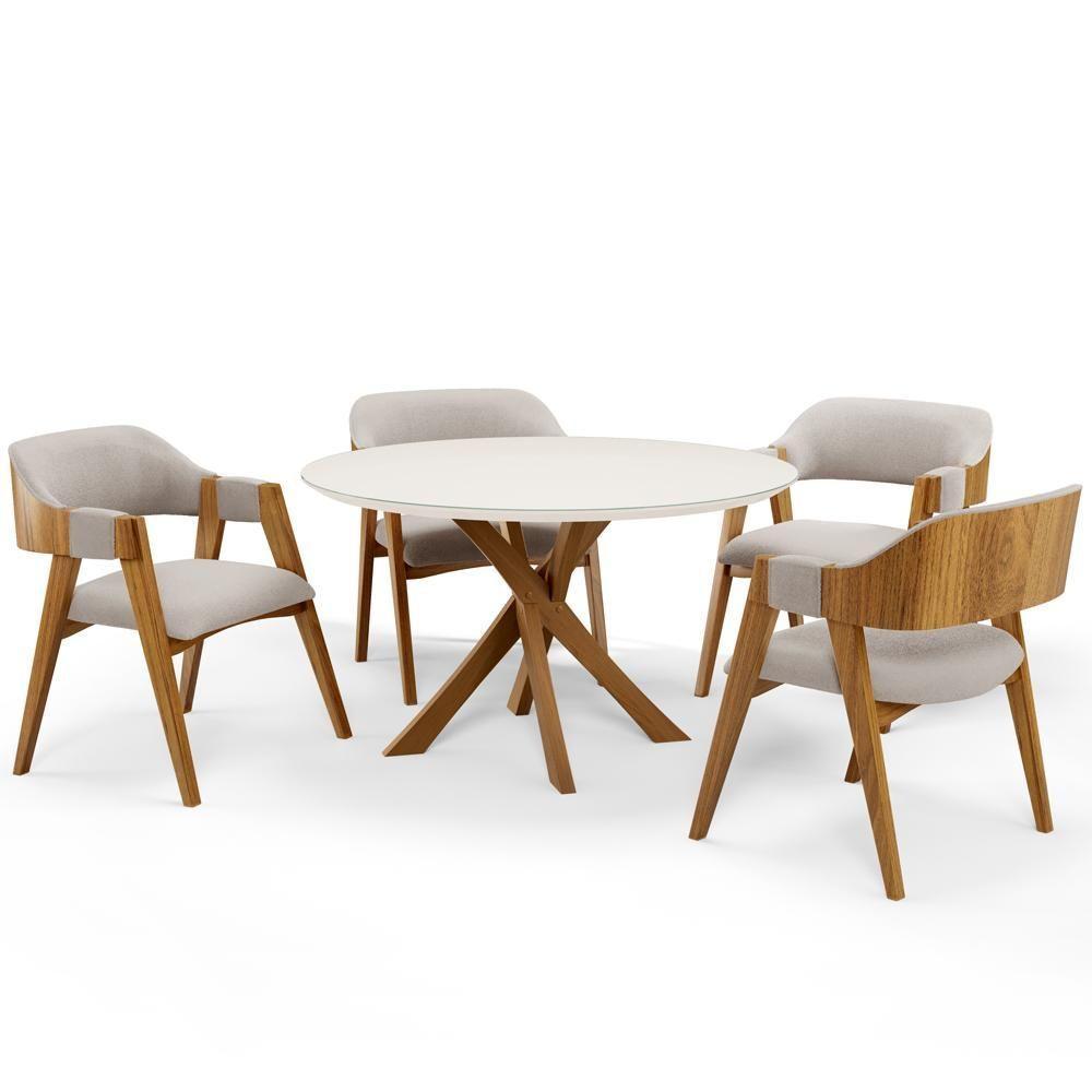 Mesa De Jantar Redonda Cora 120cm Off White M04 Com 04 Cadeiras Living Suran Bouclê Creme - Lyam - 1