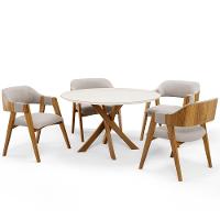 Mesa De Jantar Redonda Cora 120cm Off White M04 Com 04 Cadeiras Living Suran Bouclê Creme - Lyam - 1